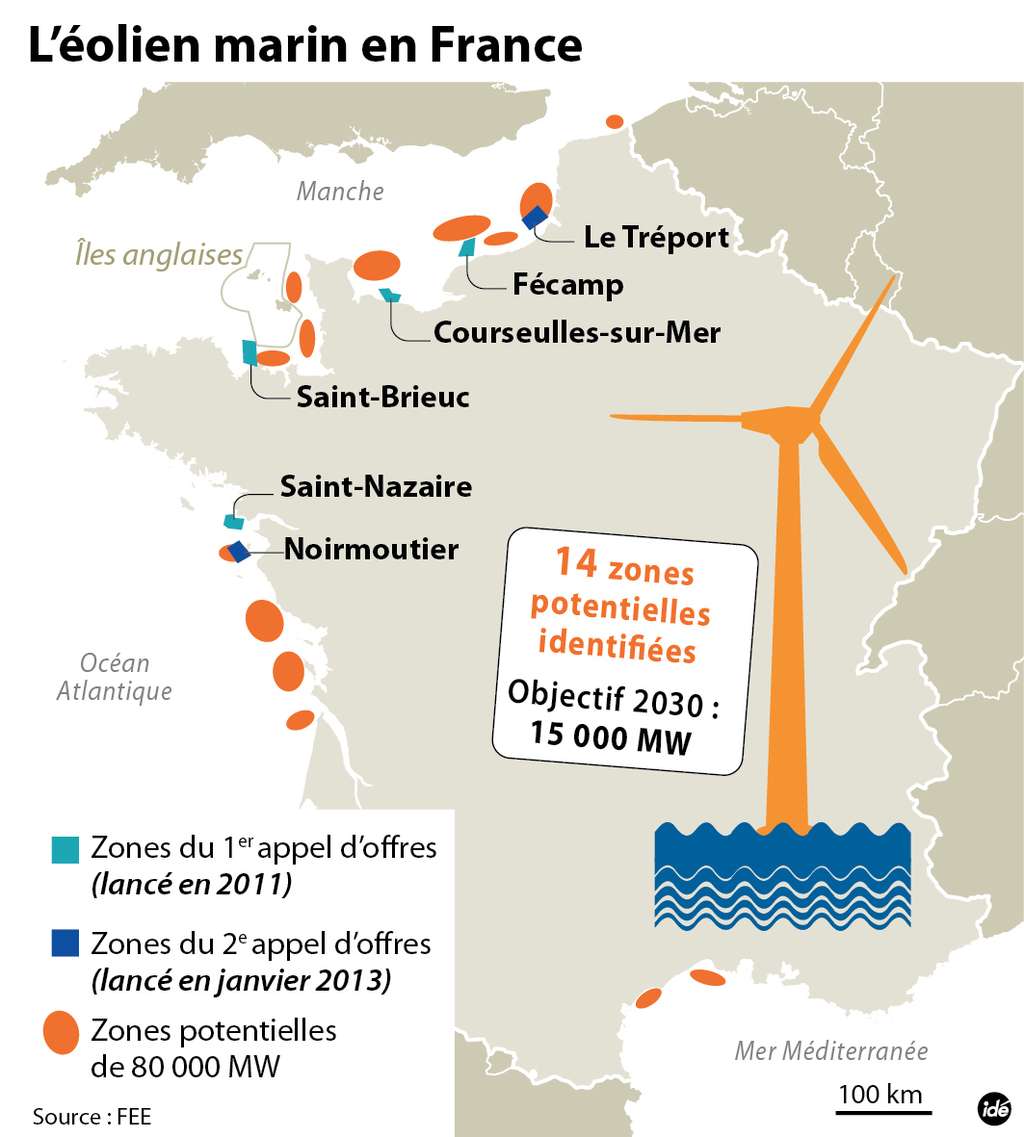 Le potentiel de l'éolien offshore, d'après la FFE (association France énergie éolienne). © Idé