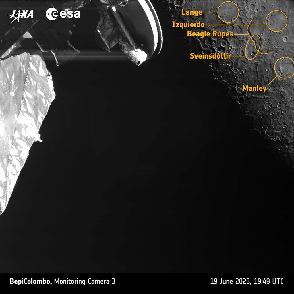 Les nombreux bassins d’impact inondés de lave volcanique aux alentours de <em>Beagle Rupes</em> en feront une région d’étude privilégiée pour BepiColombo, une fois que la mission sera en orbite autour de Mercure. © ESA, BepiColombo, MTM, CC BY-SA 3.0 IGO