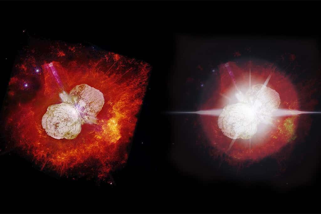 La dissipation d’un nuage de poussière qui nous cache partiellement Eta Carinae pourrait permettre aux chercheurs d’accéder enfin à la véritable nature de la région centrale de l’étoile. Ici, à gauche, Eta Carinae prise par le télescope spatial Hubble et à droite, l’étoile telle qu’elle pourrait nous apparaître d’ici 2032. © N. Smith et J. A. Morse, Nasa