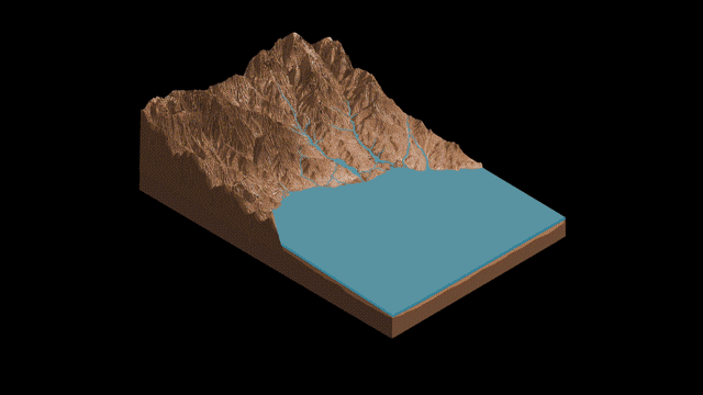 Les chercheurs imaginent les étangs du cratère Gale ressemblant aux lacs de l’Altiplano, en Amérique du Sud. Des lacs fortement influencés par le climat. Sur cette animation, les étangs et les ruisseaux salés qui, selon les scientifiques, ont disparu alors que le cratère Gale s’est asséché avec le temps. Au bas de l’image, le fond du cratère, au sommet, le côté du Mont Sharp. © Michael Northrop, <em>ASU Knoledge Enterprise Development</em>