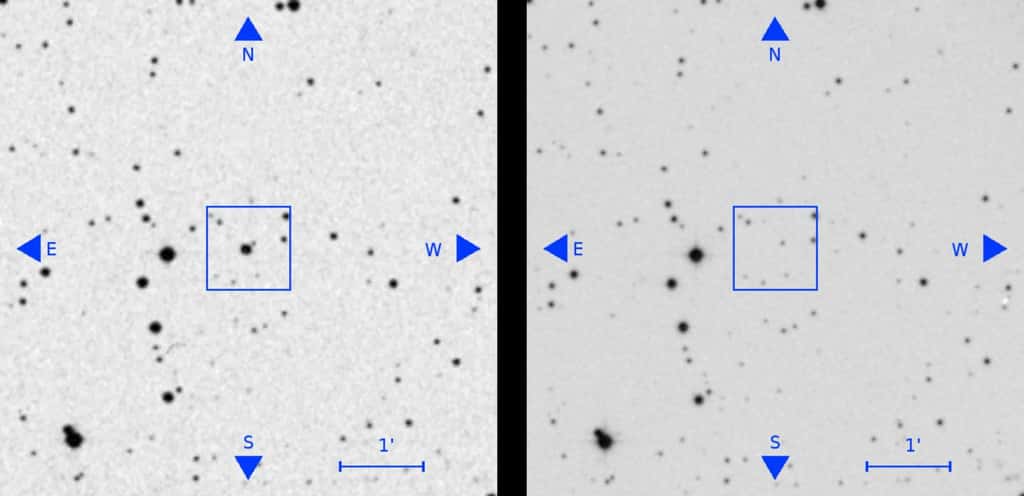 Sur l’image de gauche, datant des années 1950, une étoile qui a disparu sur l’image de droite, plus récente, de la même région du ciel. © Villaroel <em>et al.</em>, <em>Vasco project</em>