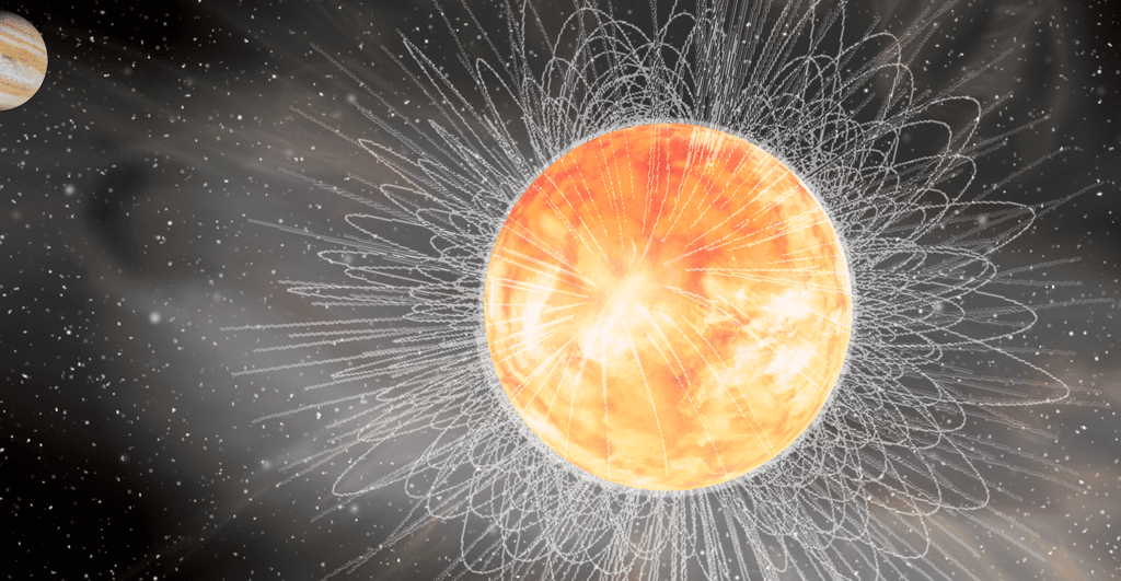 Cette image composite montre le système 51 Pegasi et son champ magnétique. Le faible freinage magnétique détecté par les chercheurs représente un changement relativement soudain qui rend l’environnement magnétique plus stable et plus propice à l’apparition de la vie. © J. Fohlmeister, AIP