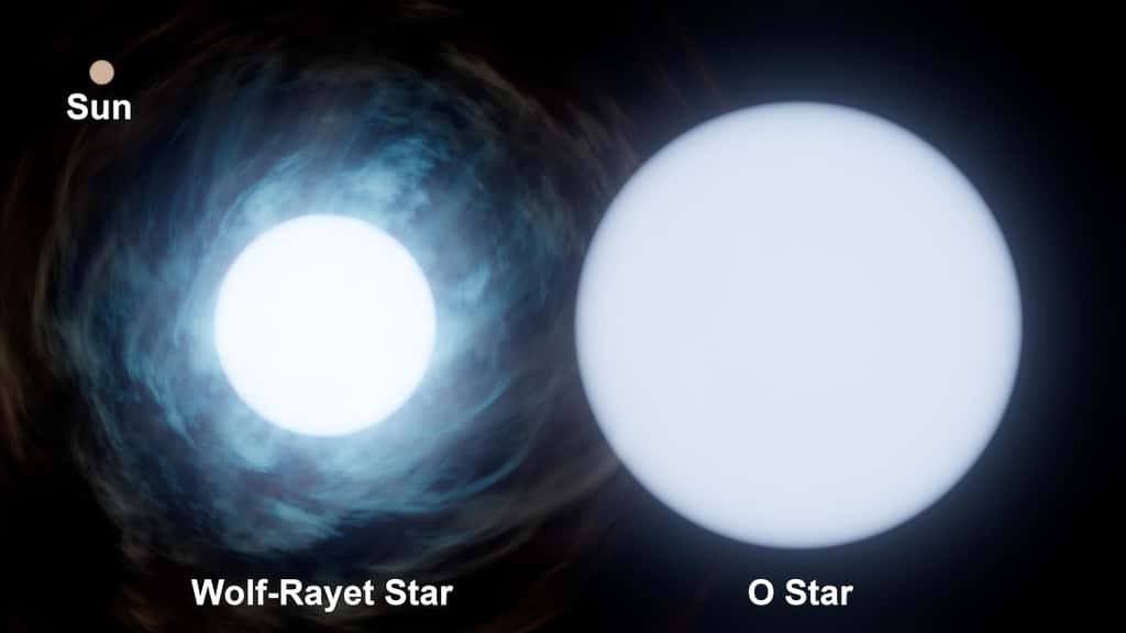 Une comparaison entre notre Soleil (en haut à gauche) et les deux étoiles qui composent le système Wolf-Rayet 140 : une étoile de type O d’environ 30 masses solaires, et une étoile Wolf-Rayet d’une dizaine de fois la masse de notre Étoile. © Nasa, JPL-Caltech