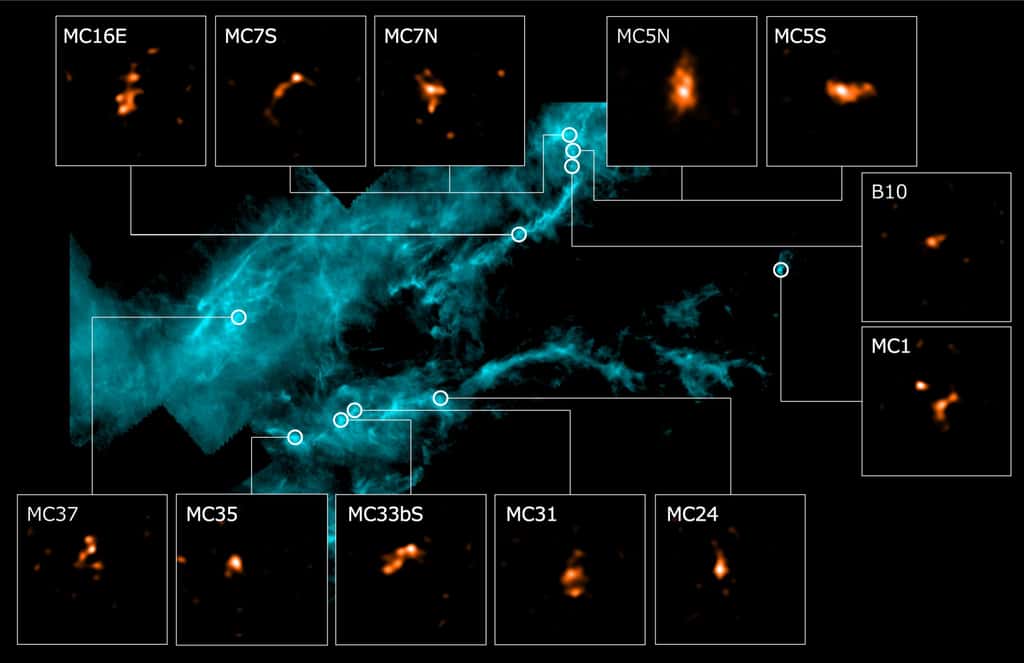 Cette image dans l’infrarouge lointain permet de localiser, dans le nuage moléculaire du Taureau, les œufs stellaires identifiés par les chercheurs de l’université du Maryland (États-Unis) avec Alma. © Alma (ESO, NAOJ, NRAO), Tokuda <em>et al.</em>, ESA, Herschel