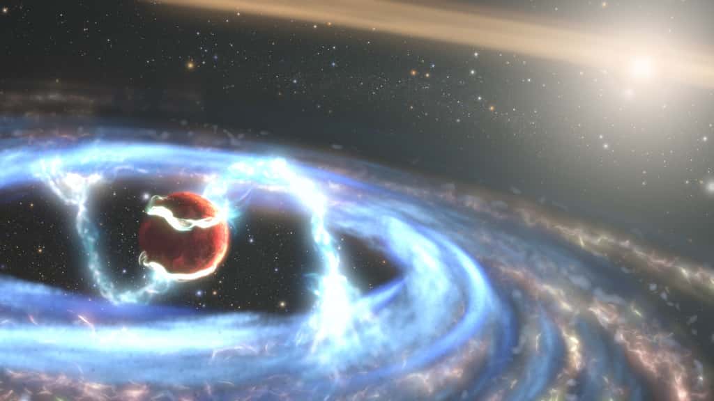 Des chercheurs ont exploité la sensibilité aux rayons ultraviolets du télescope spatial Hubble pour observer une exoplanète géante en formation. Sur cette vue d’artiste, le gaz extrêmement chaud qui tombe sur la planète, transporté par des lignes de champ magnétique de son disque circumplanétaire vers son atmosphère. © Nasa, ESA, STScI, Joseph Olmsted (STScI)