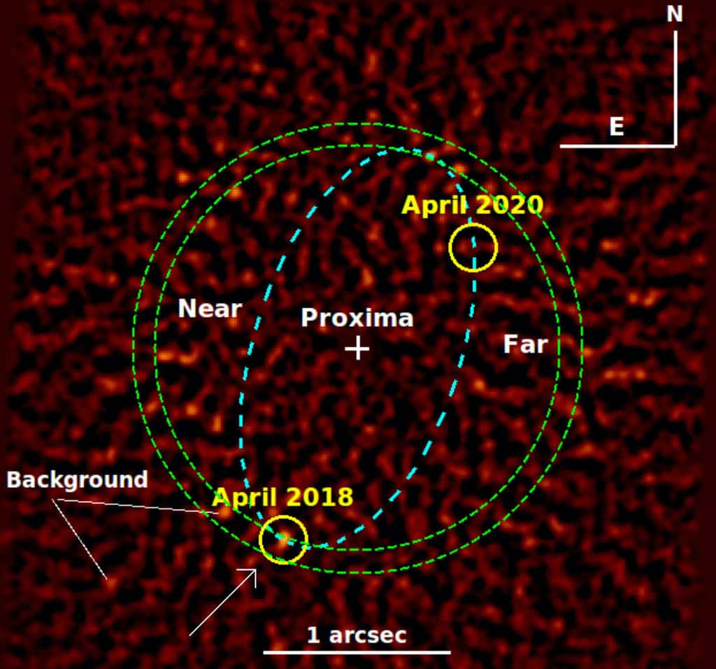 Ici, l’image publiée par les chercheurs. Une combinaison de cinq images, en réalité. Elles ont été prises par le <em>Very Large Telescope</em> (VLT). La flèche pointe un point lumineux à un endroit où <em>Proxima centauri c</em> — si elle existe réellement — pourrait s’être trouvé en avril 2018. Les deux traits marqués <em>« Background »</em> pointent des étoiles en arrière-plan. © Gratton <em>et al.</em>