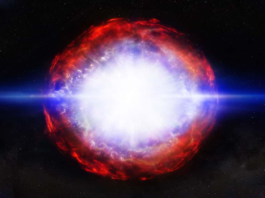 Cette vue d’artiste de SN 2023ixf montre la brillante explosion qui s’est produite après une perte de masse inattendue. © Mélissa Weiss, Centre d’astrophysique de l’université de Harvard et de la Smithsonian Institution