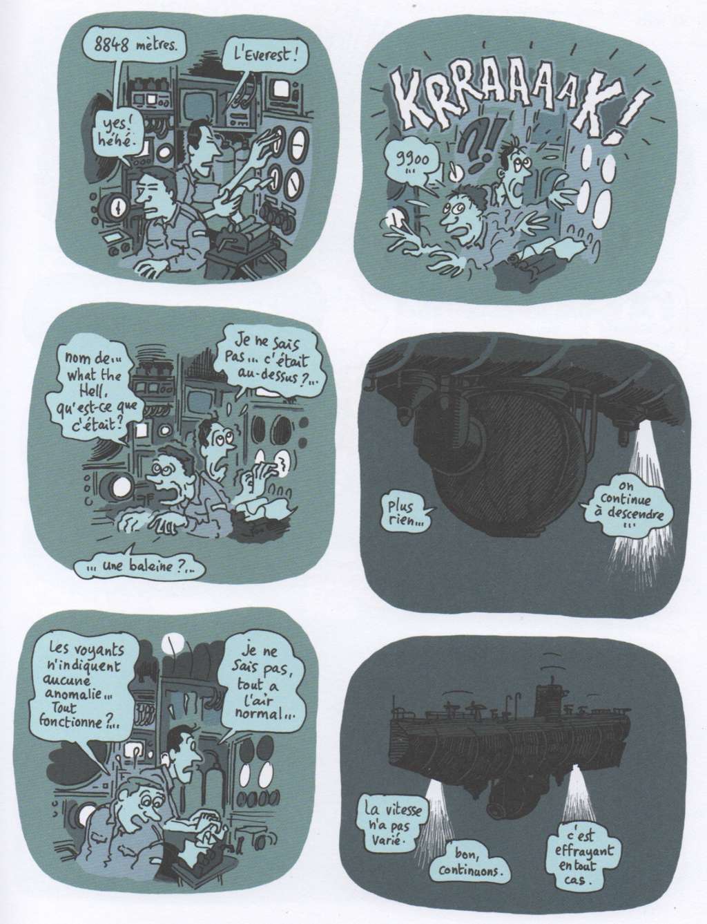 Un extrait de la BD <em>« Un, Deux, Trois Piccard »</em> où l’on plonge avec Jacques Piccard vers le fond de la fosse des Mariannes. © Jean-Yves Duhoo, Dargaud