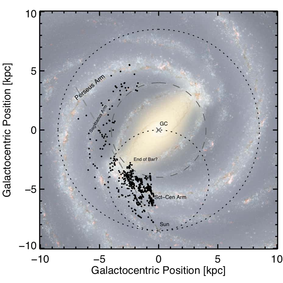 À l'arrière-plan, une illustration de notre galaxie comme si nous la survolions. Un calque avec les positions de plusieurs nuages sombres cartographiés par l'équipe du professeur Shirley apparaît au premier plan. La plupart des futurs amas d'étoiles en bourgeonnement se situent dans le plan de la galaxie. © Illustration, R. Hurt ; données astrophysiques, Nasa, JPL-Caltech, SSC