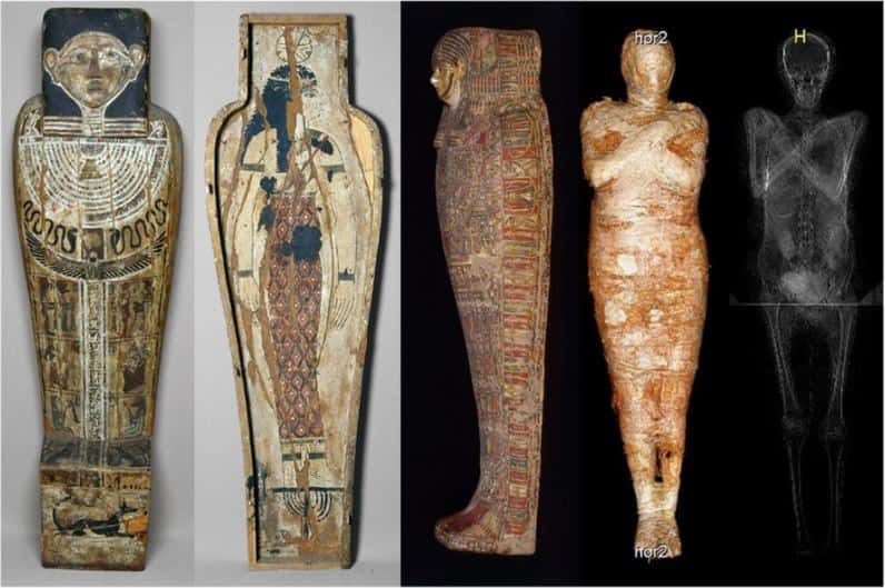 Cercueil décoré et momie de l'ensemble 236805/3. © Muzeum Narodowe w Warszawie, microtomographie et rayons X par le <em>Warsaw Mummy Project</em>.