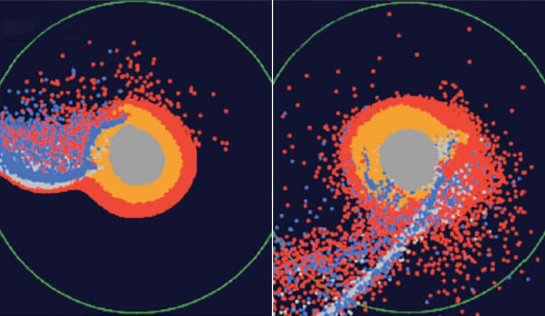 L’hypothèse des chercheurs de Yale explique aussi pourquoi la Lune contient plus d’oxyde de fer qu’il n’y en a sur Terre. Celui-ci, en effet, devait être plus abondant dans le magma prototerrestre. Ici, on découvre, au centre, une simulation de la proto-Terre. Les points rouges symbolisent les matériaux issus de l’océan de magma et les points bleus, ceux provenant de Théia. © Université de Yale