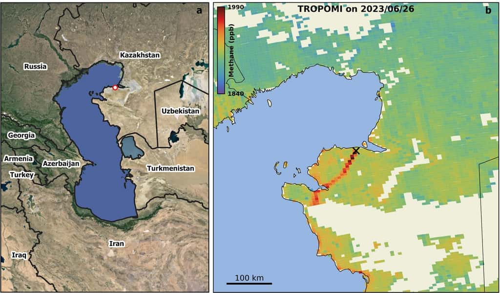 À gauche, la localisation du puits de pétrole qui a connu la fuite de méthane la plus importante jamais enregistrée. À droite, la concentration en méthane – en partie par milliard, ppb – telle que déterminée par l’instrument Tropomi du satellite Sentinel-5P, 17 jours après l’explosion. © <em>Environmental Science & Technology Letters</em>