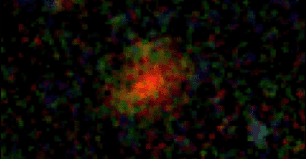 C’est l’image de la galaxie AzTECC71 que des astronomes de l’université du Texas (États-Unis) viennent de composer grâce aux données renvoyées par le télescope spatial James-Webb. Une galaxie apparue au début de notre Univers et qui avait disparu des radars après une première observation. © J. McKinney, M. Franco, C. Casey, Université du Texas à Austin
