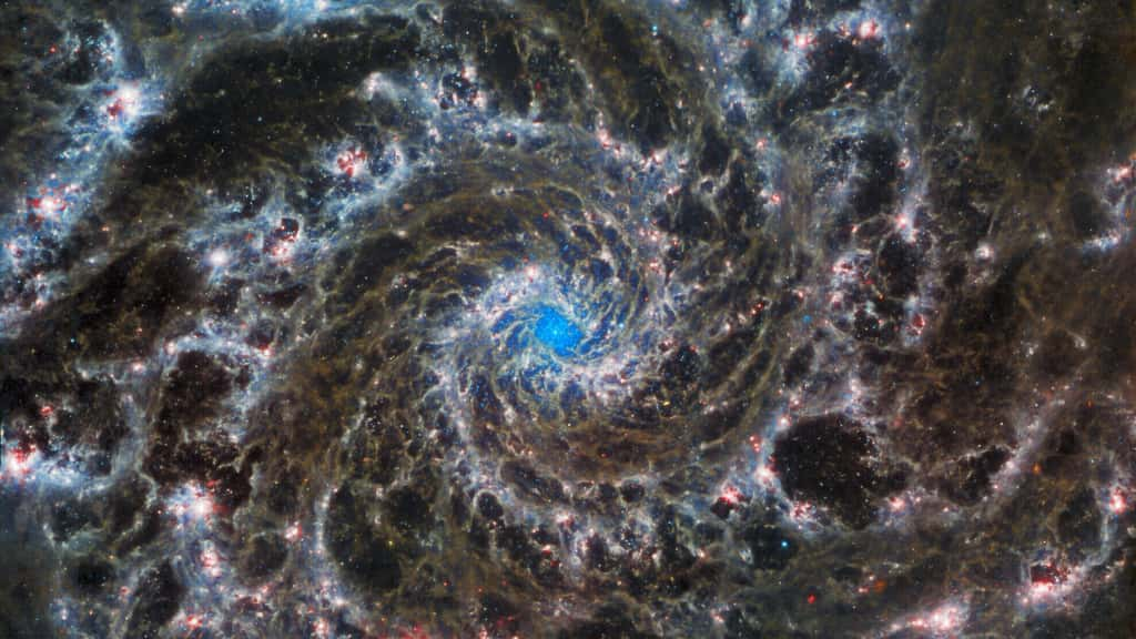 Sur cette photo, la galaxie Messier 74, encore appelée, Galaxie du Fantôme, telle qu'observée avec la caméra Miri embarquée à bord du télescope spatial James-Webb (JWST). Cette caméra a été construite par une collaboration internationale où la France et le CEA Paris-Saclay ont joué un rôle central. © ESA/Webb, Nasa & CSA, J. Lee and the PHANGS-JWST Team