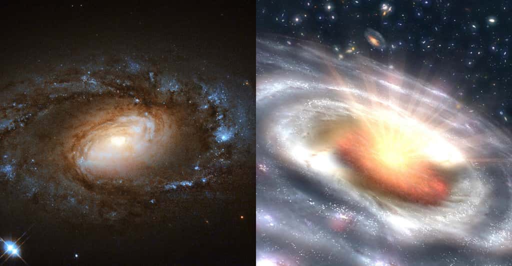 À gauche, une galaxie Liners telle que celles étudiées par les chercheurs de l’université du Maryland (États-Unis) et à droite, le type de quasar dans lequel elle s’est transformée en quelques mois seulement. © Image de gauche : ESA/Hubble, Nasa et S. Smartt, <em>Queen’s University Belfast</em> ; image de droite : Nasa, JPL-Caltech