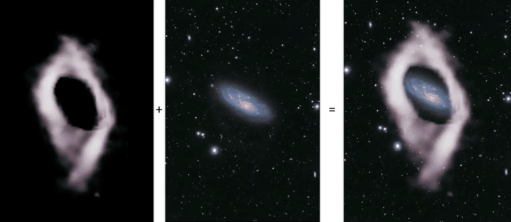Sur l’image de gauche, l’anneau d’hydrogène découvert par Askap autour de la galaxie spirale NGC 4632, après avoir éliminé l’émission d’hydrogène brillante détectée dans le disque de la galaxie. Au milieu, une image optique du disque stellaire provenant du télescope Subaru. Et à droite, une image composite montrant le disque stellaire de NGC 4632 entouré du grand anneau d’hydrogène. © Deg et coll. 2023, MNRAS / Jayanne English / Tom Jarrett / Nathan Deg / Collaborateurs Wallaby / CSIRO / ASKAP / NAOJ / Subaru Telescope., CC BY Deg et al. 2023, MNRAS / Jayanne English / Tom Jarrett / Nathan Deg / Wallaby collaborators / CSIRO / ASKAP / NAOJ / Subaru Telescope 