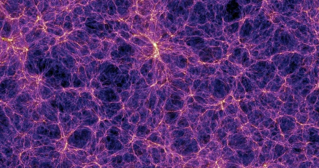 Sur cette image provenant d'une des meilleures simulations de la formation des grandes structures de l'univers, des filaments de matière noire contenant des superamas de galaxies apparaissent clairement. On note aussi la présence de grands vides que l'on appelle parfois des vides cosmiques (cosmic voids en anglais). La barre blanche indique l'échelle des distances en mégaparsecs corrigée par le facteur h lié à la constante de Hubble. On estime que h est compris entre 0,65 et 0,70, la meilleure estimation en 2014 étant de 0,68. © Max Planck Institute for Astrophysics, Millennium Simulation Project