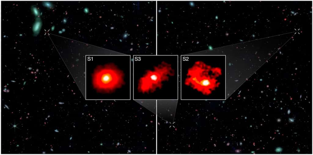 Ces galaxies extrêmement massives et poussiéreuses du premier milliard d’années après le Big Bang ont été découvertes grâce au télescope spatial James-Webb par une équipe internationale de chercheurs. Elles indiquent que l’Univers primitif forme des étoiles plus efficacement que prévu. © Nasa, CSA, ESA, M. Xiao & P. A. Oesch (<em>University of Geneva</em>), G. Brammer (<em>Niels Bohr Institute</em>), Dawn JWST Archive