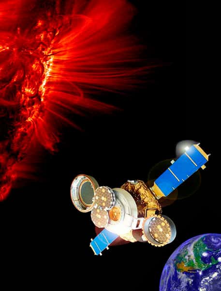 Une vue d'artiste de la sonde Genesis collectant des particules de vent solaire. Crédit : Nasa