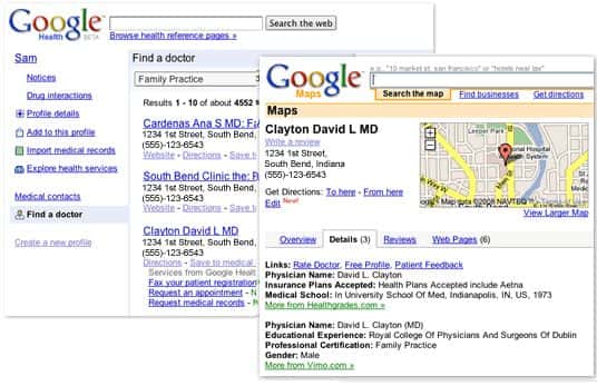 Une recherche de médecin avec le nouveau service de Google. Crédit Google