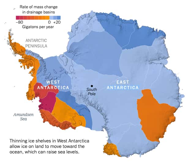 En Antarctique, les plates-formes glaciaires ont dangereusement fondu. © Nasa ICESat et ICESat-2