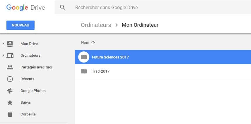 Sur Google Drive, les dossiers synchronisés depuis l’ordinateur sont rangés sous le libellé Ordinateurs. © Futura