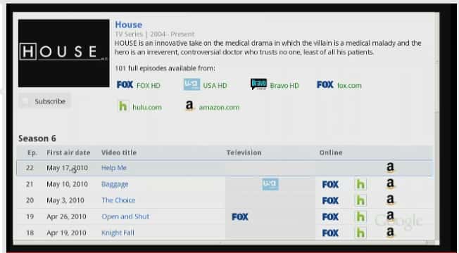 Google TV permet d'entrer le nom d'une chaîne de télévision pour y avoir immédiatement accès, de taper le nom d'une série TV pour voir quand elle sera diffusée... Crédits DR
