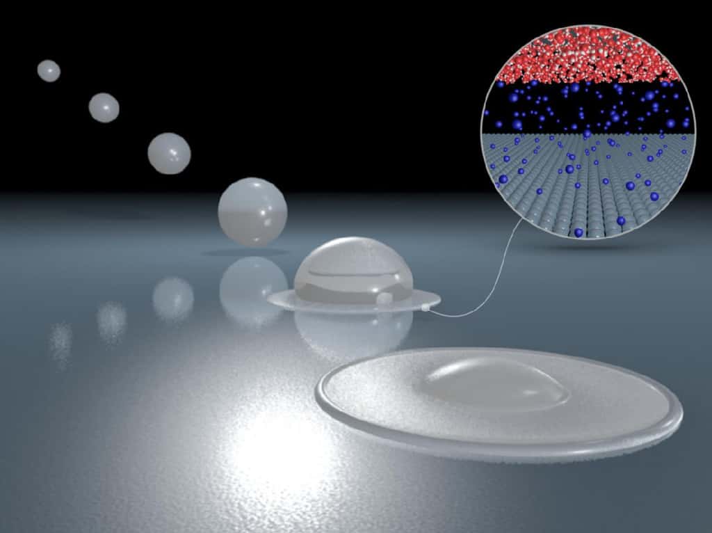 Une illustration de ce qu'il se passe lorsqu’une goutte d’eau s’étale sur une surface avec un zoom sur le coussin d’air qui se forme entre les deux. © Université de Warwick