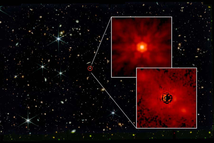 Cette image du télescope spatial James-Webb (JWST) montre le quasar J0148 entouré de rouge. Deux encarts montrent, en haut, le trou noir central, et en bas, l’émission stellaire de la galaxie hôte. © Massachusetts Institute of Technology, Nasa