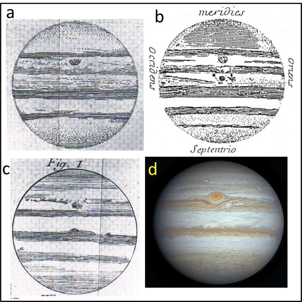 En (a), (b) et (c), la « Tache permanente » de Cassini. En (d), la Grande tache rouge de Jupiter. © Union américaine de géophysique