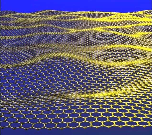 Une image d'artiste montrant un réseau d'atomes de carbone formant un feuillet de graphène, un matériau aux propriétés variées et mal connues. © Jannik Meyer