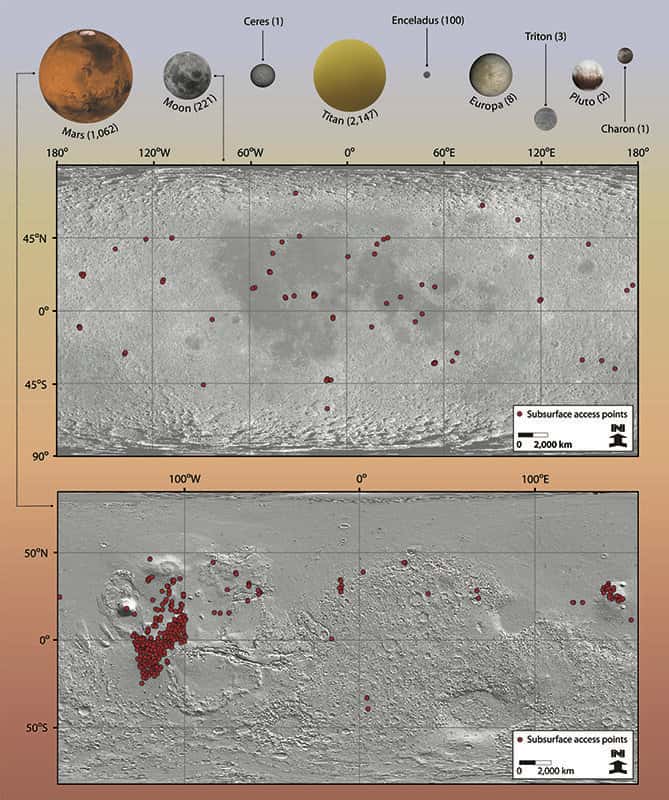 Ici, les corps planétaires pour lesquels des entrées de grottes possibles – entre parenthèses – ont été identifiées. Au milieu, les emplacements de grottes possibles pour la Lune. En bas, la même chose pour Mars. © Wynne et al., <em>AGU and Journal of Geophysical Research : Planets</em>