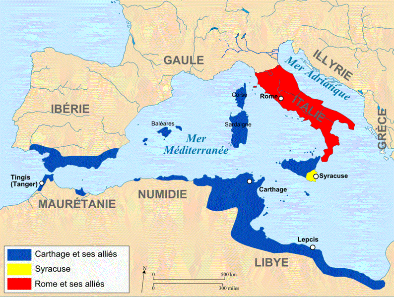 Territoires romain, syracusain et carthaginois en 264 av. J.-C., à la veille de la première guerre punique. © Ursus, Wikipédia, CC by-sa 3.0