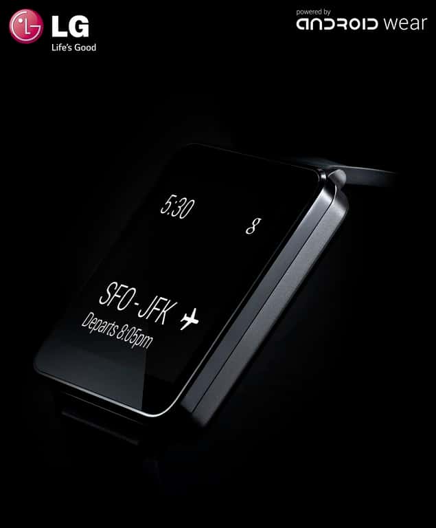 LG est avec Motorola le premier constructeur à avoir dévoilé son modèle de montre Android Wear. La G Watch doit sortir au cours du prochain trimestre. Ni ses caractéristiques ni son prix n’ont été communiqués. © LG