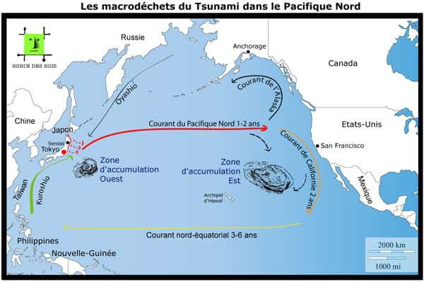 Durant l'expédition 7<sup>e</sup> continent, le voilier s’est rendu dans la zone d'accumulation est du gyre nord-pacifique. Il a failli rencontrer des déchets du tsunami de Tohoku. © Robin des bois, www.robindesbois.org