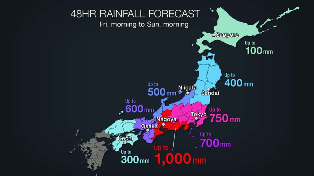 Les prévisions de chutes de pluie dues à Hagibis pour ce week-end — entre jeudi soir et samedi soir — sur le Japon. À comparer avec les quelque 630 mm de pluie qui tombent chaque année sur Paris ! © Agence météorologique japonaise