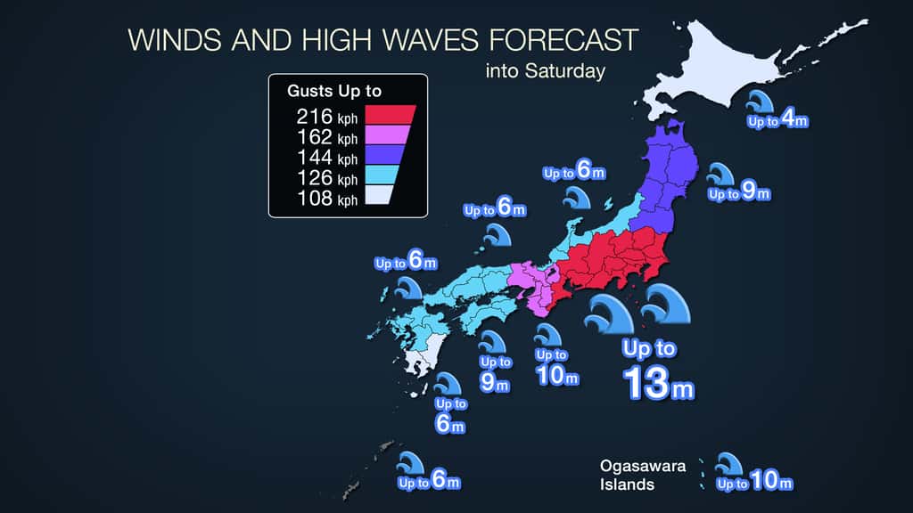 Les prévisions de vitesses des vents en km/h et de hauteur de vagues. © Agence météorologique japonaise