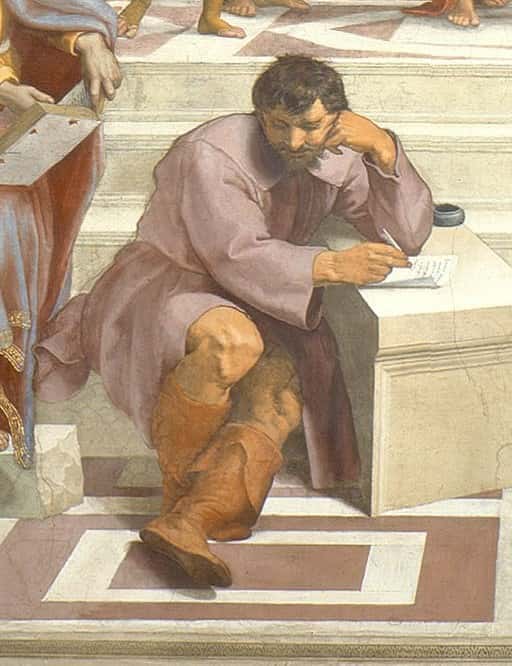 Le philosophe Héraclite représenté sous les traits de Michel-Ange. Détail de <em>L'École d'Athènes</em>, de Raphaël (1509). © DP