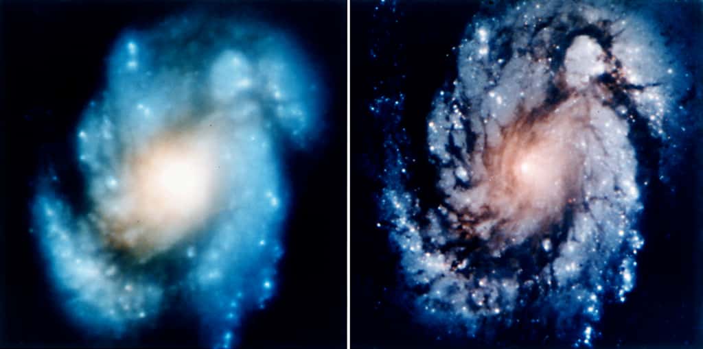 L’image de gauche de la galaxie M100 a été prise quelques jours avant la mission de sauvetage. L’image de droite de la même galaxie a été prise après. © Nasa
