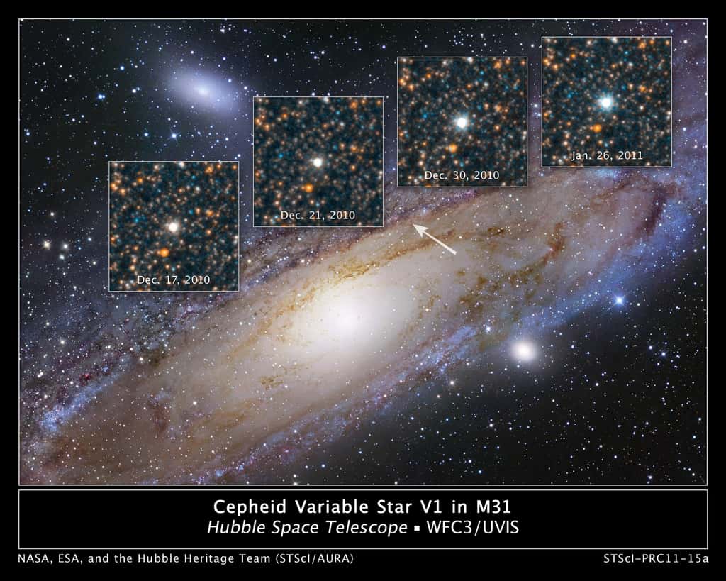 Les variations d'éclat de V1, une céphéide célèbre de la galaxie M 31 vue par le télescope Hubble. © Nasa, ESA, <em>The Hubble Heritage Team</em> (STScI/AURA)/ R. Gendler 