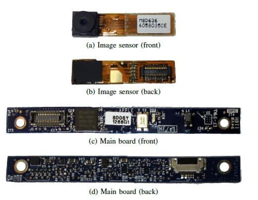 Des photos du module webcam iSight qui équipe des modèles d’iMac et de MacBook fabriqués jusqu’en 2008. Les images a et b montrent les deux côtés du capteur vidéo, tandis que les images c et d dévoilent le module avec le microcontrôleur Cypress EZ-USB FX2LP. C’est ce composant que les chercheurs sont parvenus à reprogrammer de manière à pouvoir prendre le contrôle de la webcam en toute discrétion. © Checkoway/Brocker
