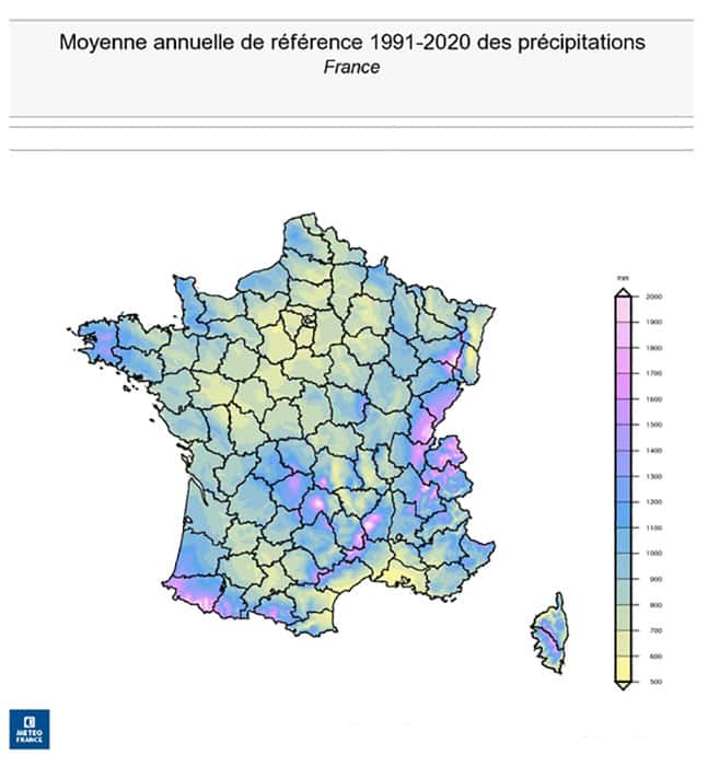 La pluviométrie annuelle est relativement confortable en France, allant de 600 à 2000 mm/an. © Météo France