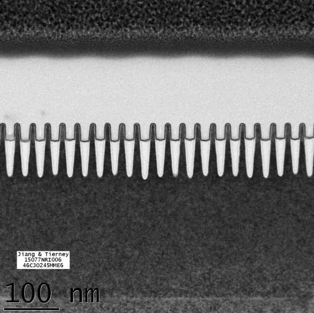 Voici à quoi ressemblent des transistors de 7 nanomètres. Pour obtenir une telle finesse de gravure, IBM a eu recours à la lithographie en extrême ultraviolet (EUV) dont la longueur d’onde est comprise entre 10 et 15 nm. © IBM Research 