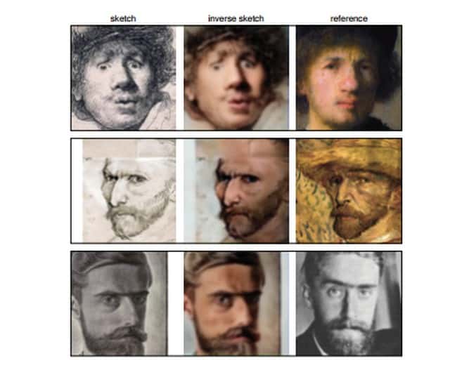 Voici un exemple des prouesses que réalise l’intelligence artificielle. De gauche à droite, la première colonne représente les autoportraits (<em>sketch</em>, en anglais sur l'image) de – de haut en bas – Rembrandt (gravure à l'eau-forte), Van Gogh (crayon de papier) et M. C. Escher (lithographie) fournis au programme qui en a extrapolé une image photoréaliste (<em>inverse sketch</em>, colonne centrale). Dans la colonne de droite figurent des peintures et une photographie qui permettent de juger de la précision du travail de l’IA. © <em>Radboud University</em>