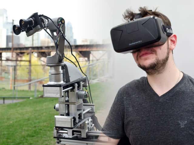 En associant un casque de réalité virtuelle Oculus Rift et un robot télécommandé, une équipe de l’université de Pennsylvanie (États-Unis) a créé une expérience extra-corporelle hautement immersive. © Dora Platform, University of Pennsylvania