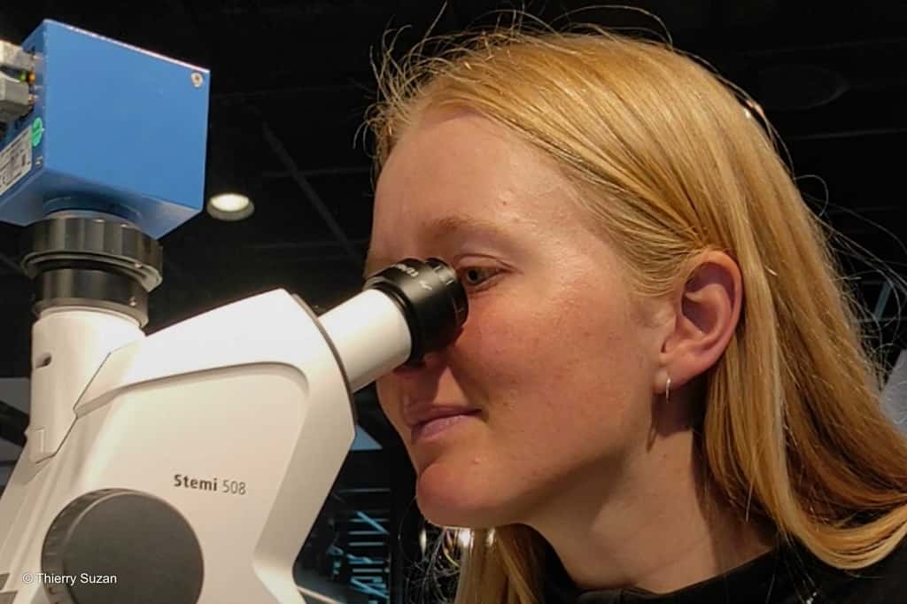 À bord du MS Roald Amundsen, une biologiste marine analyse un échantillon de krill dans le laboratoire scientifique du navire. Sous la lueur australe, chaque créature microscopique révèle un fragment insoupçonné de l’histoire des océans, Laborat ire scientifique, MS Roald Amundsen, Antarctique. © Thierry Suzan – Tous droits réservés