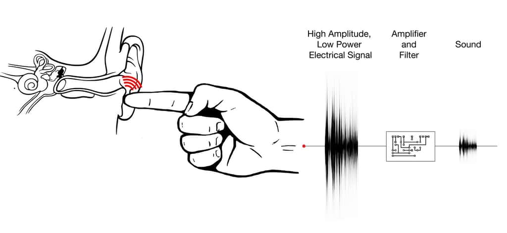 Le principe d’Ishin-Den-Shin commence par l’enregistrement d’un message à partir d’un microphone classique relié à un ordinateur. Le son est traité par un logiciel et un amplificateur (<em>amplifier and filter</em>) pour être transformé en un signal électrique (<em>high amplitude, low power electrical signal</em>) et inaudible qui est transmis via un fil métallique très fin placé sur le microphone. Lorsque la personne est en contact avec le fil, cela crée un champ électrostatique modulé à la surface de la peau. En touchant du doigt l’oreille de quelqu’un, le champ électrostatique provoque des microvibrations, transformant l’ensemble doigt-oreille en haut-parleur. © Disney Research