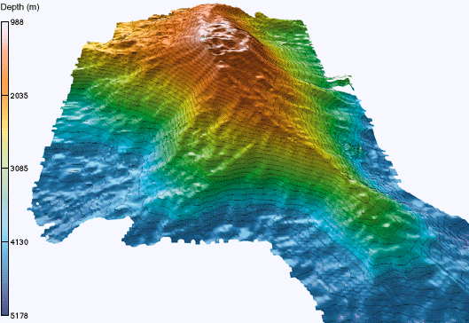 Vue tridimensionnelle du mont sous-marin Lōʻihi. © John Smith and Brooks Bays, <em>wikimedia commons,</em> DP