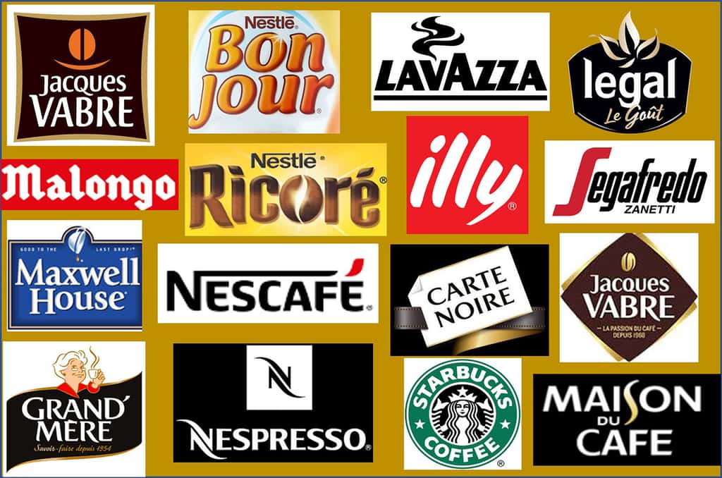 Ces marques de café sont souvent plus puissantes que les États producteurs eux-mêmes ! (Illustration de l’auteur à partir des logos).