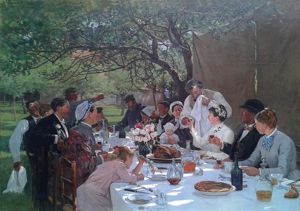 C’en sera bientôt fini des déjeuners, d’affaires, ou amicaux et des banquets, sauf si chacun y amène son manger ?<br>Albert Fourié (1854-1934), <em>Un repas de noces à Yport.</em> © Musée des beaux-arts de Rouen, <em>Wikimedia commons</em> CC 4.0